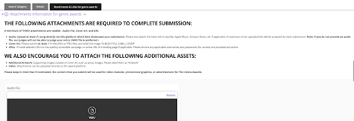 The Libera submissions platform attachments upload form.